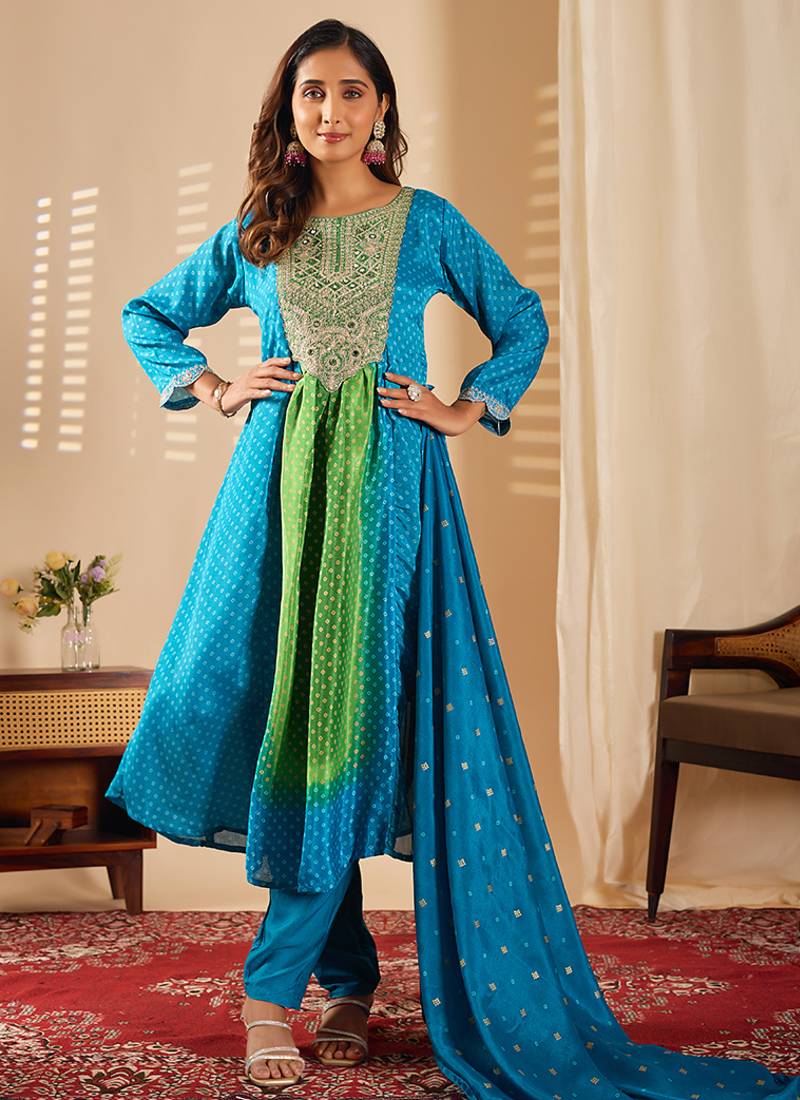 Turquoise chinon print anarkali kurta set