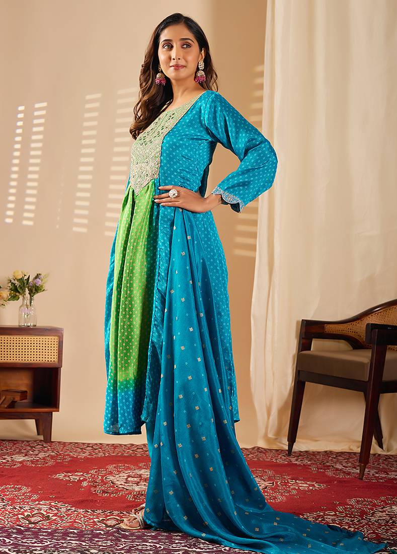 Turquoise chinon print anarkali kurta set