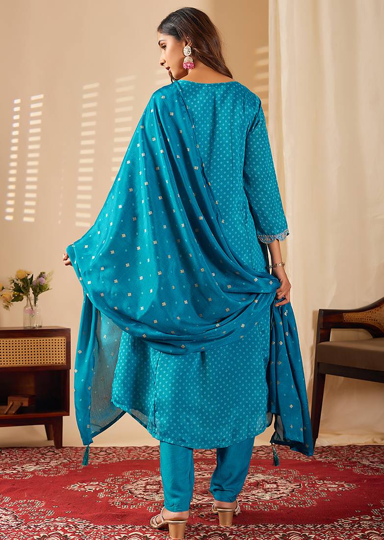 Turquoise chinon print anarkali kurta set