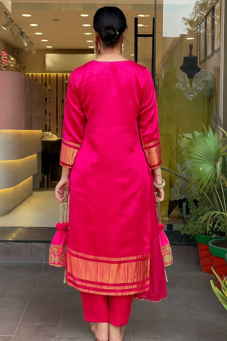 Rani pink viscose silk embroidered kurta set