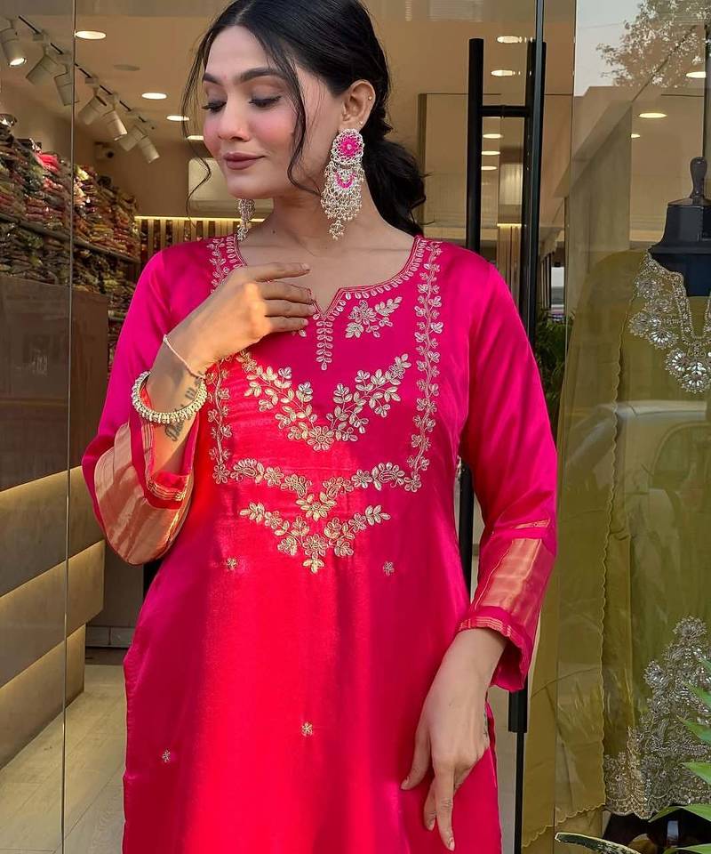 Rani pink viscose silk embroidered kurta set