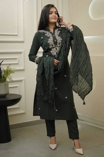 Bottal green color rayon embroidered suit