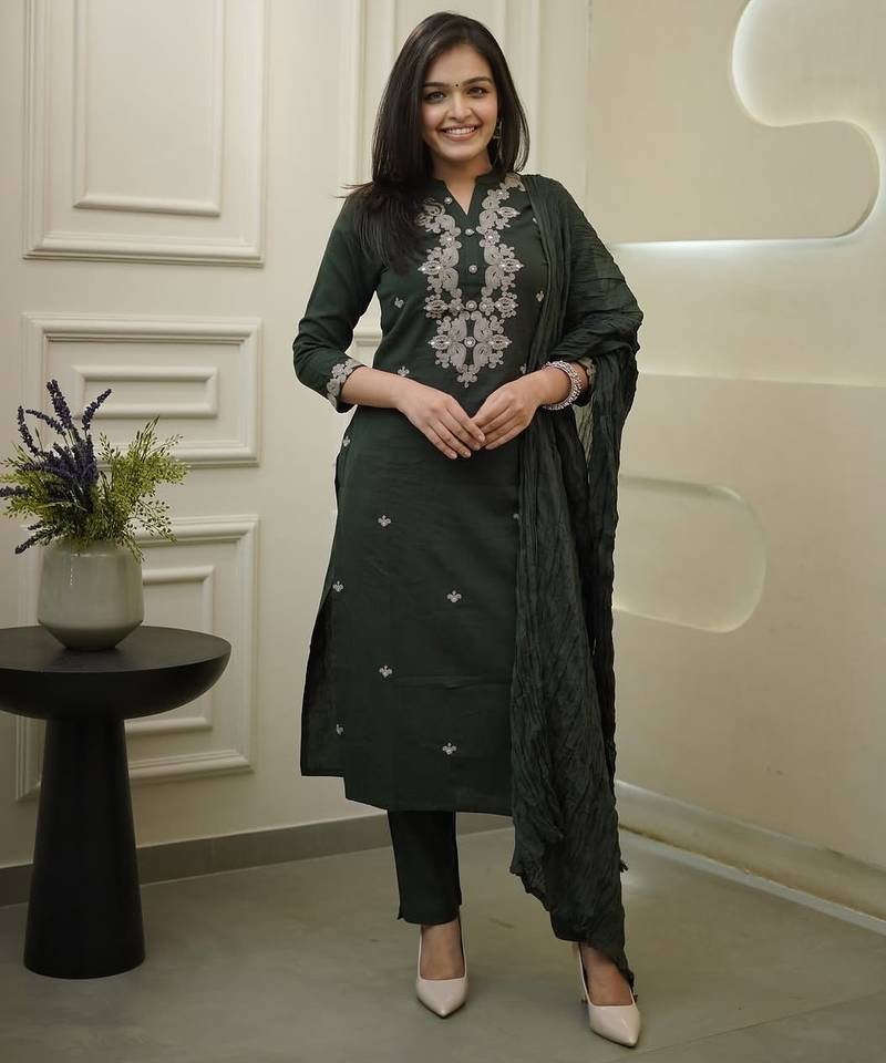 Bottal green color rayon embroidered suit