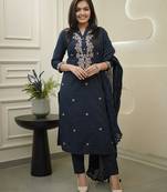 Navy blue color rayon embroidered suit