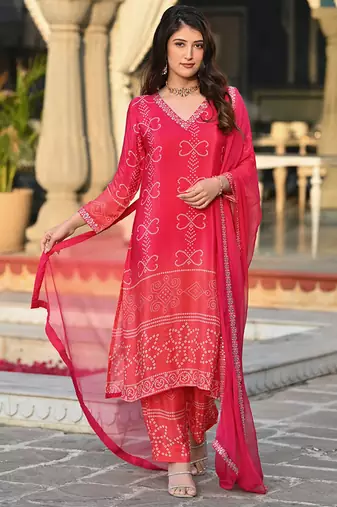 Red color chinon silk printed kurta set