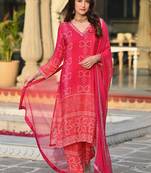 Red color chinon silk printed kurta set