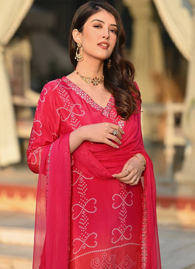 Red color chinon silk printed kurta set