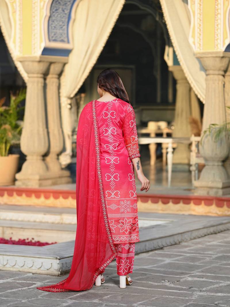 Red color chinon silk printed kurta set