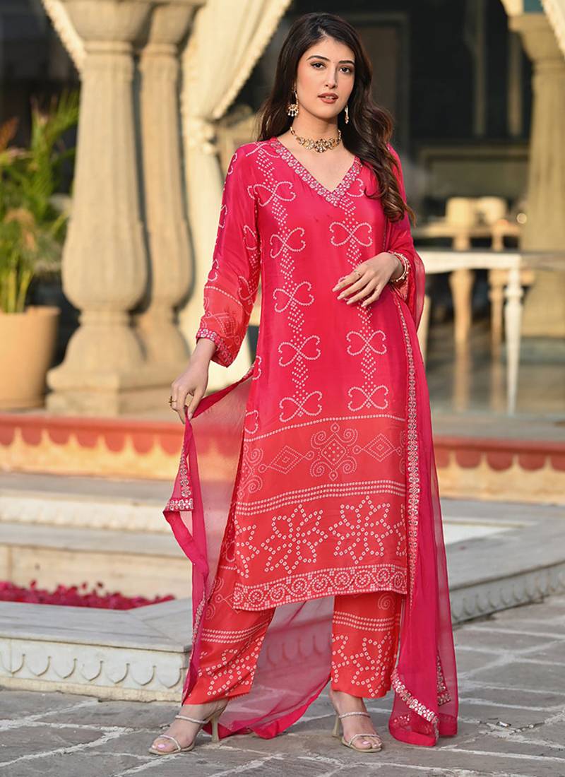 Red color chinon silk printed kurta set