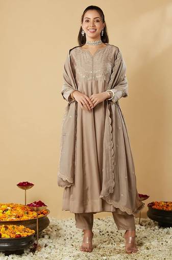 Beige vichitra silk embroidered anarkali kurta set