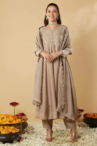 Beige vichitra silk embroidered anarkali kurta set