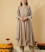 Beige vichitra silk embroidered anarkali kurta set