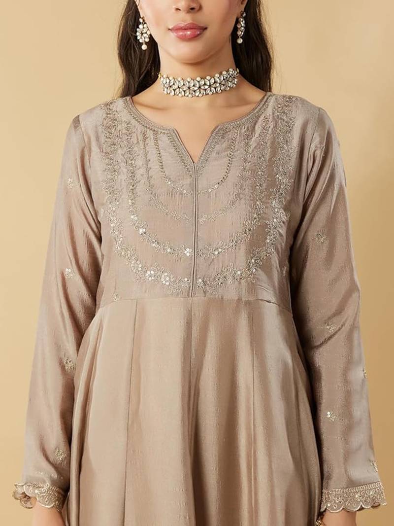 Beige vichitra silk embroidered anarkali kurta set