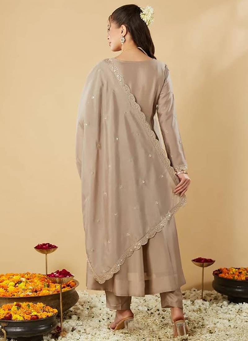 Beige vichitra silk embroidered anarkali kurta set