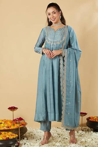 Light blue vichitra silk embroidered anarkali kurta set
