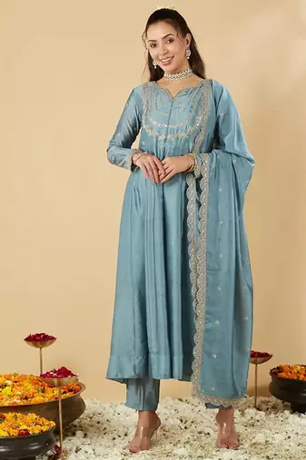Light blue vichitra silk embroidered anarkali kurta set