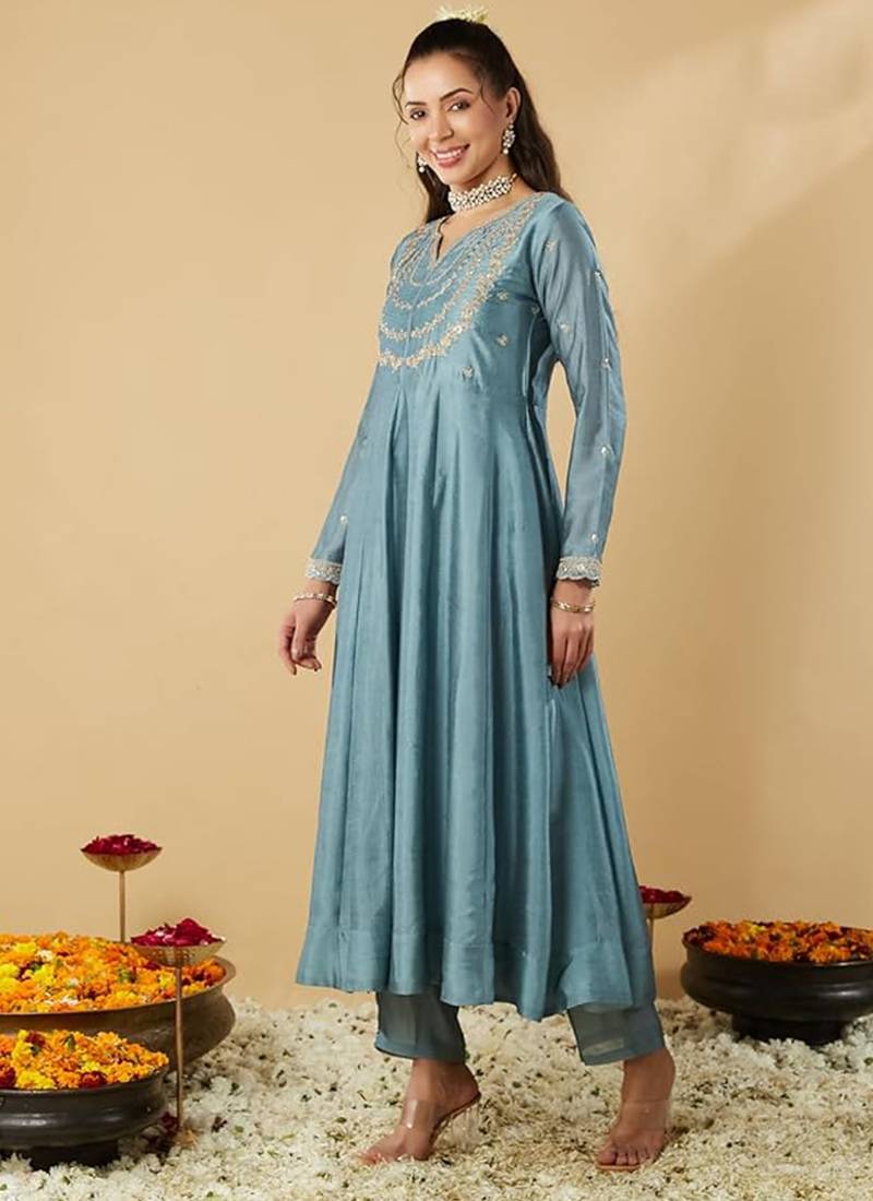 Light blue vichitra silk embroidered anarkali kurta set