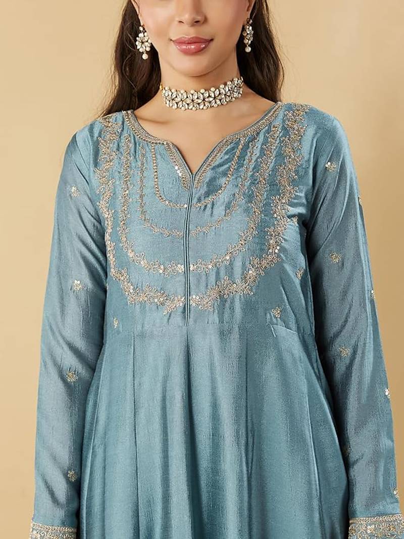 Light blue vichitra silk embroidered anarkali kurta set