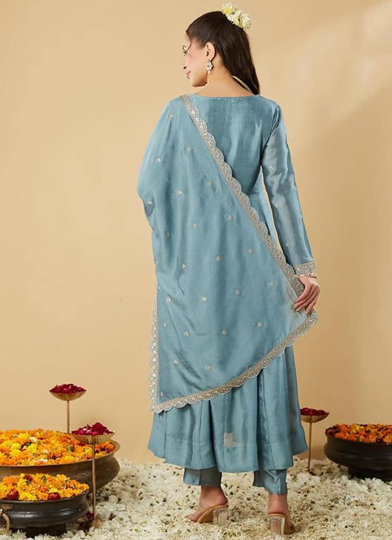 Light blue vichitra silk embroidered anarkali kurta set