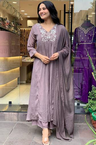 Lavender viscose chinon embroidered kurta set