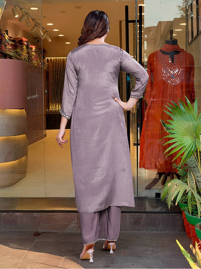 Lavender viscose chinon embroidered kurta set