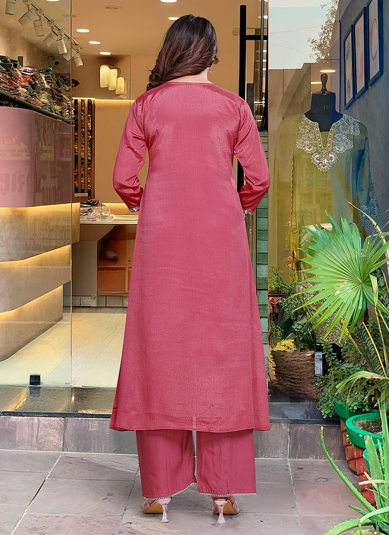 Rani pink viscose chinon embroidered kurta set