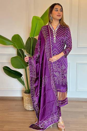 Purple color viscose printed kurta suit