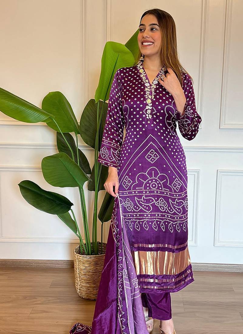 Purple color viscose printed kurta suit