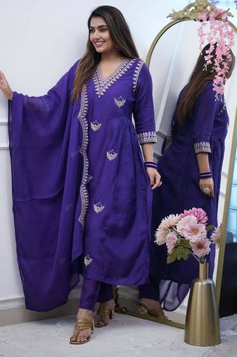 Navy blue color viscose chanderi a line suit