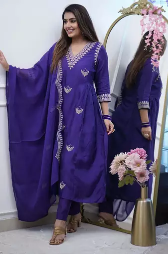 Navy blue color viscose chanderi a line suit