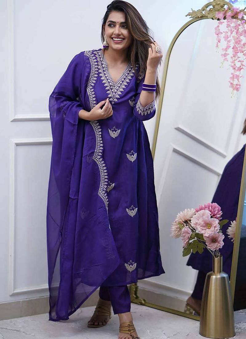 Navy blue color viscose chanderi a line suit