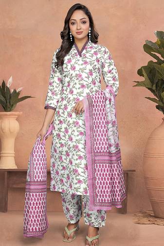 White cotton slub printed readymade kurta set
