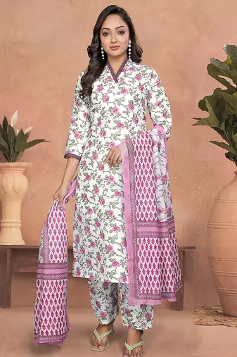 White cotton slub printed readymade kurta set