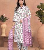 White cotton slub printed readymade kurta set