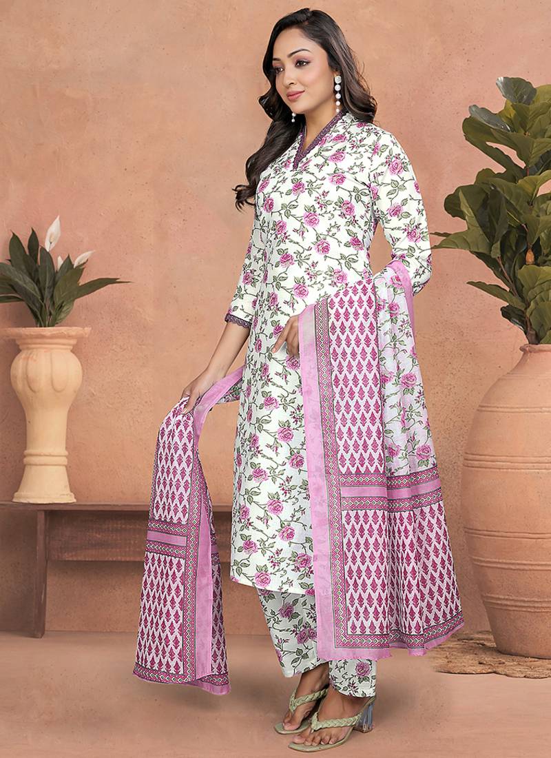 White cotton slub printed readymade kurta set