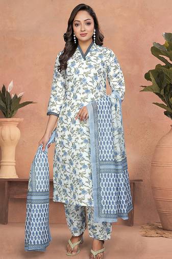 White and blue cotton slub printed readymade kurta set