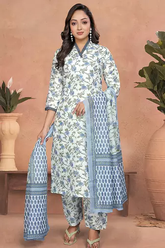 White and blue cotton slub printed readymade kurta set