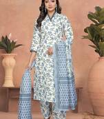 White and blue cotton slub printed readymade kurta set