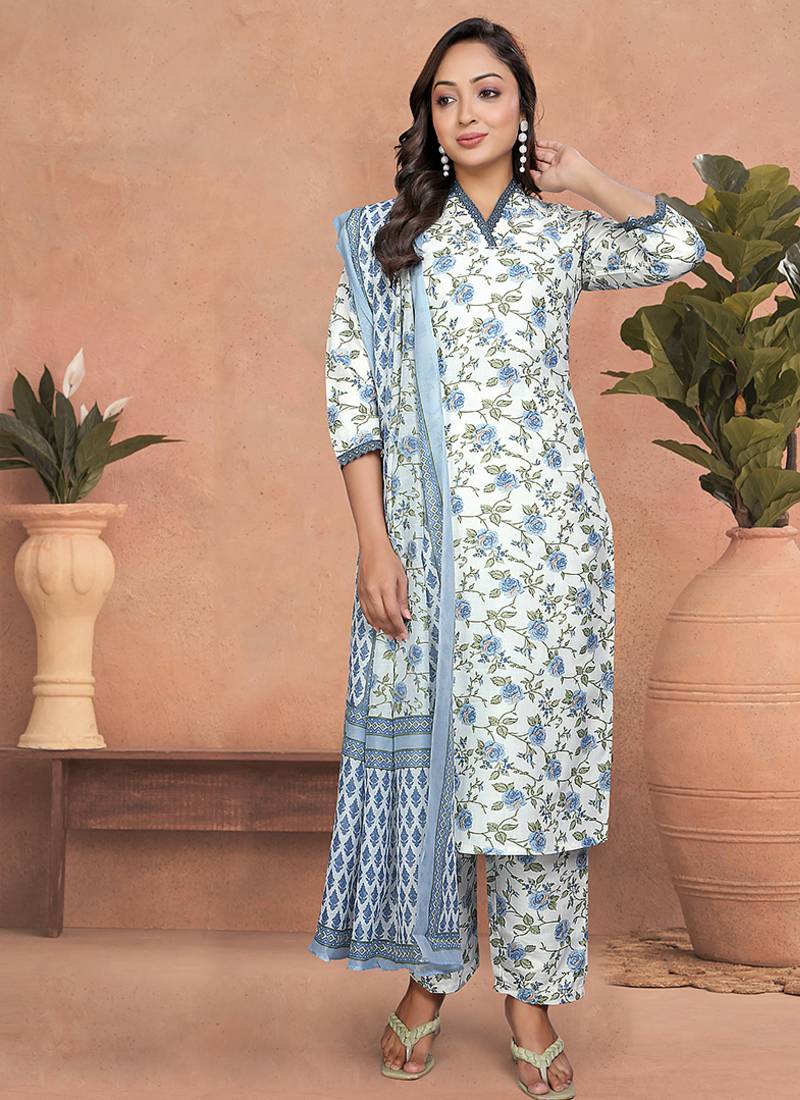 White and blue cotton slub printed readymade kurta set
