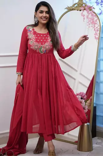 Red color chinon embroidered anarkali suit