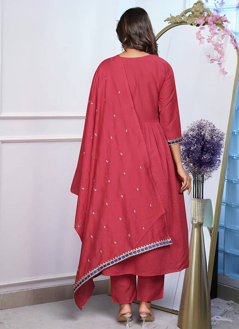 Red color chinon embroidered anarkali suit