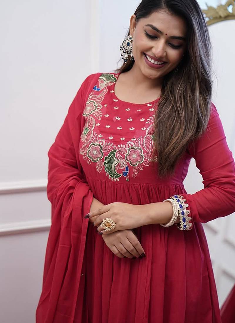 Red color chinon embroidered anarkali suit
