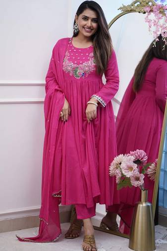 Rani pink color chinon embroidered anarkali suit