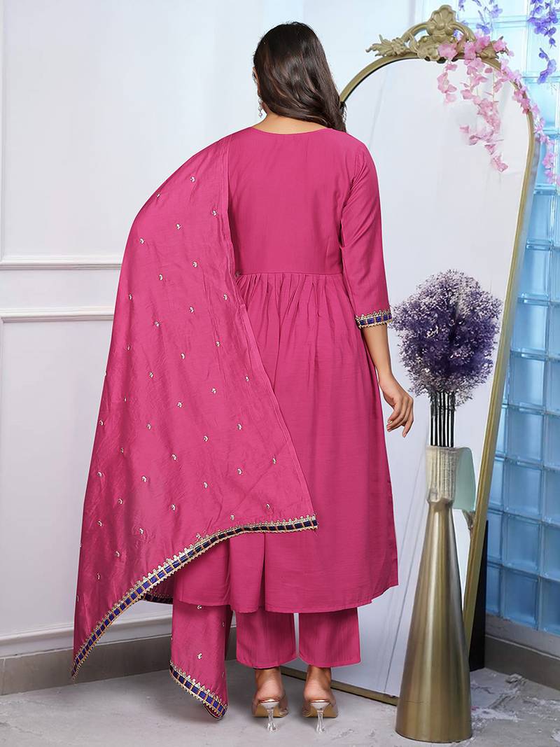 Rani pink color chinon embroidered anarkali suit