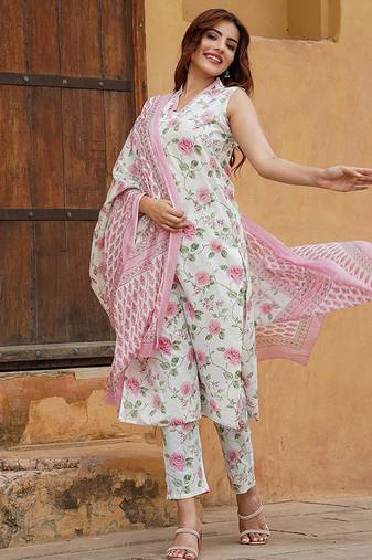 Off white cotton floral print kurta set