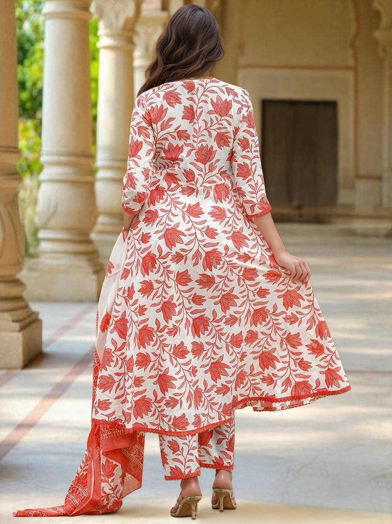Printed cotton anarkali suit in white