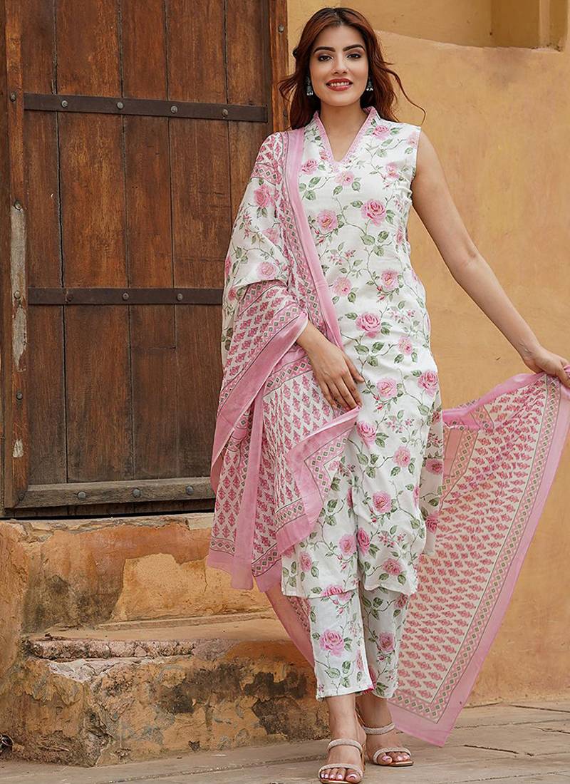 Off white cotton floral print kurta set