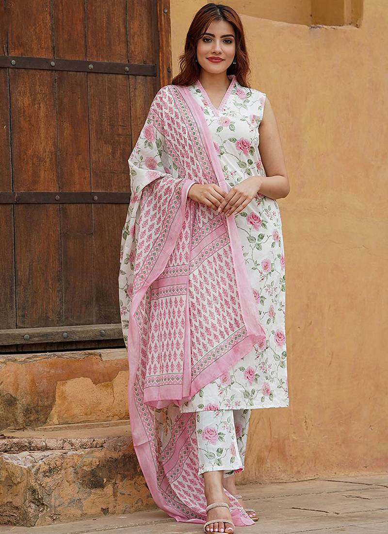 Off white cotton floral print kurta set