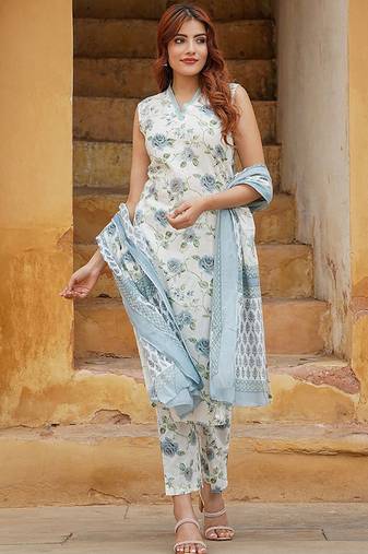 Off white cotton floral print kurta set