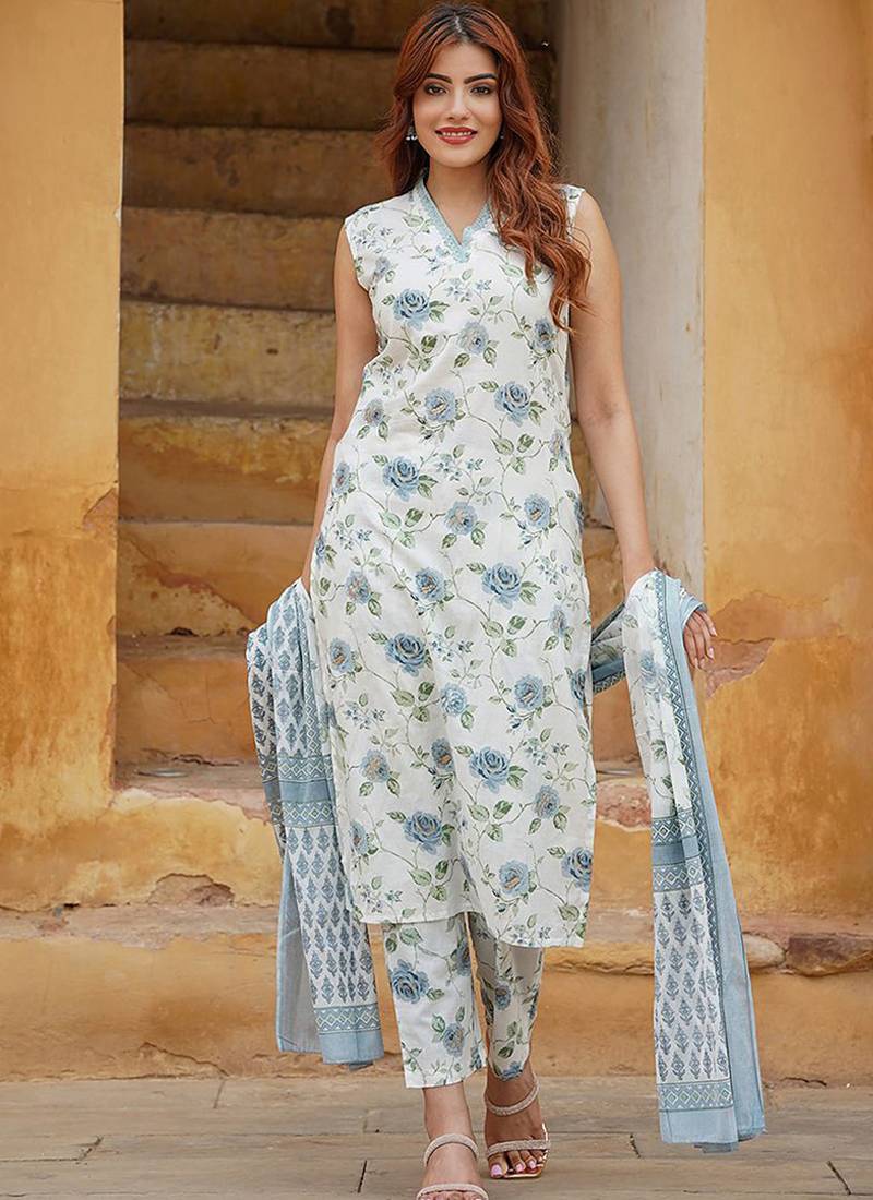 Off white cotton floral print kurta set